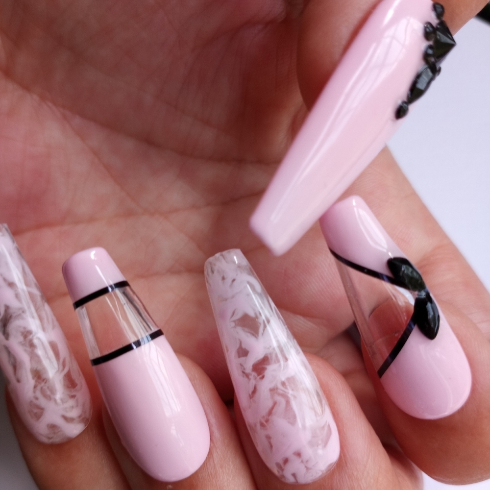 Pink marble and black gems press on nails acrylic nails uv gel pPN25
